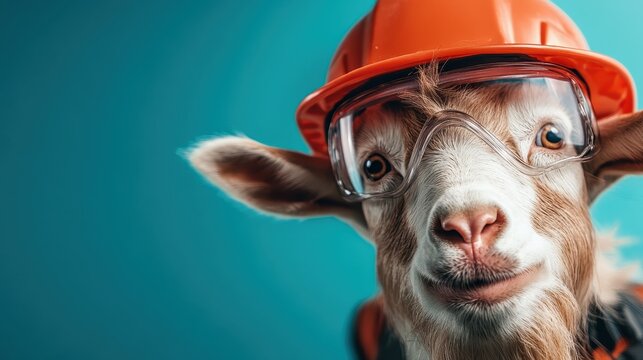 A whimsical goat sporting a hard hat and safety glasses, showcasing a playful take on safety in construction while engaging viewers with its cheerful demeanor and personality.