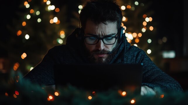 A man with a beard and glasses wears a headset while intently focusing on a laptop, surrounded by softly twinkling lights, conveying a professional and determined vibe.