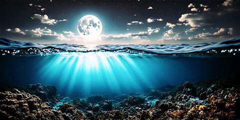 fondale marino illuminato dalla luce di una luna piena