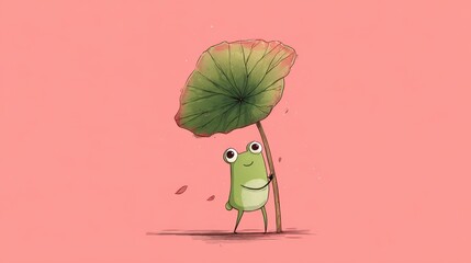 the illustration portrays a cartoon frog standing upright in a pink, background like space