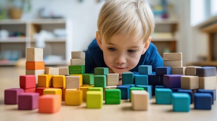 Creative Cubes: A young child, deeply engrossed in building a vibrant structure with colorful wooden blocks, showcasing a scene of playful learning, creativity, and focus. AI image. 