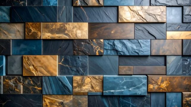 Detailed stone brick background in shades of blue, gold, and black, arranged in a striking rectangular pattern
