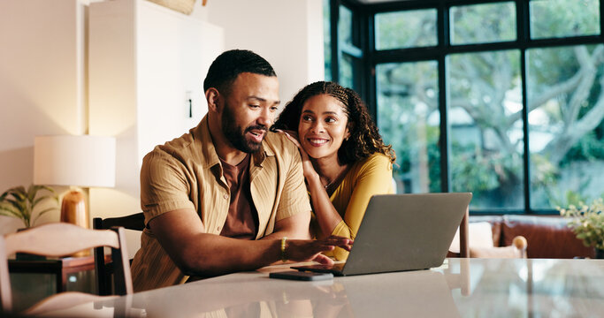 Happy, couple and browsing on website, laptop or planning for trip with tech, bonding and apartment. Online, booking and people with app for hotel reservation, woman and man with research in home