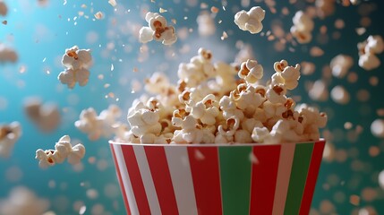 Popcorn grains rotating in a red and green striped bucket