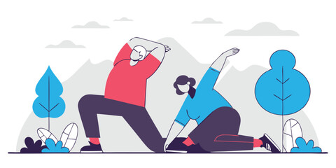 Vector illustration of two people stretching outdoors amidst nature landscape