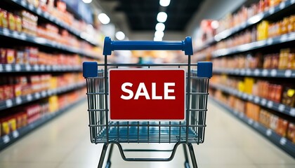 Shopping cart with a red sale sign in a supermarket aisle filled with shelves of products.