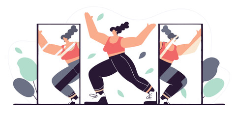 Woman performing yoga warrior pose with reflection in panels illustration design