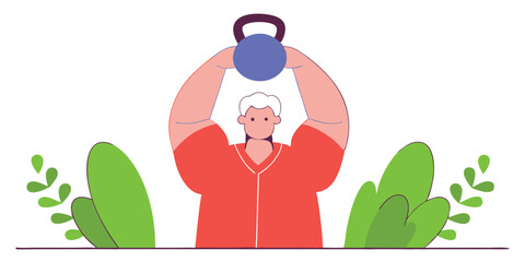 Senior woman exercising with kettlebell overhead lift surrounded by green plants