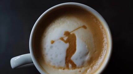Coffee Art: A close-up shot showcases a cup of coffee with beautiful latte art, featuring a golfer in action, adding a unique and artistic touch to the drink. 