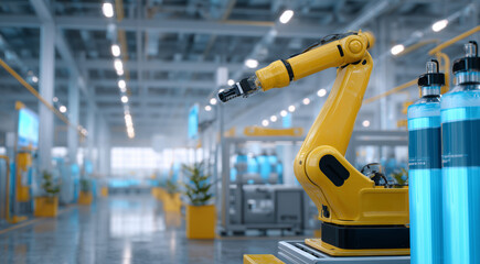 Fototapeta premium A yellow robotic arm is operating in a logistics facility, managing cargo with precision. Navigation and autopilot systems are enhancing efficiency in this modern transport environment.