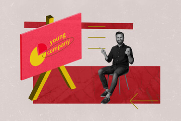 Banner 3d artwork collage of happy girl guy business worker sit young company startup presentation...