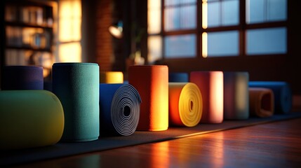 Rolled yoga mats in warm, inviting indoor space with golden light