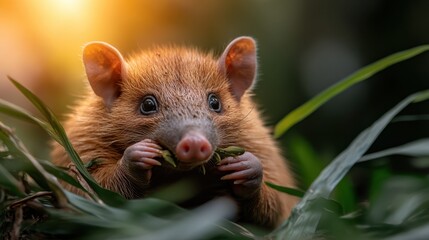 A charming close-up of a small animal with bright eyes munching on greens, beautifully natural and framed by soft light, capturing a moment of peace in nature.