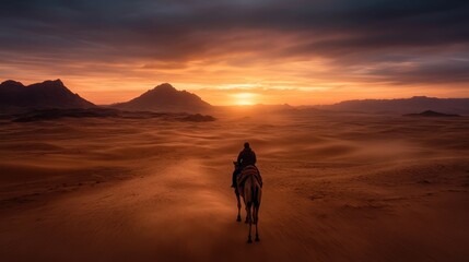 A captivating desert landscape at sunset, showcasing a lone traveler on a camel amidst rolling dunes, symbolizing adventure and solitude in nature's beauty.