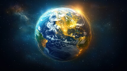 Fototapeta premium Earth, glowing, space, stars, continents, atmosphere, vibrant