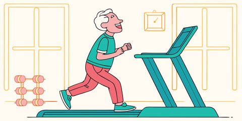 Illustration of a joyful senior man exercising on a treadmill indoors in his home