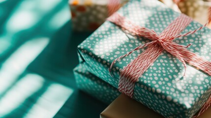 A close-up view of beautifully wrapped gifts on a table, adorned with vibrant colors and patterns, symbolizing joy, celebration, and the excitement of giving.