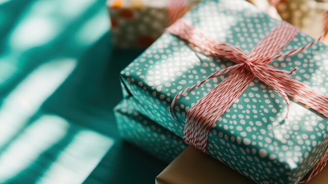 A close-up view of beautifully wrapped gifts on a table, adorned with vibrant colors and patterns, symbolizing joy, celebration, and the excitement of giving. - Powered by Adobe