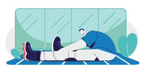Man in athletic attire stretching or working out near a building or facility