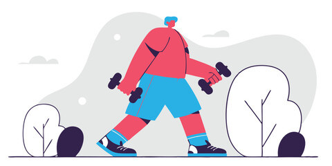 Cartoon man walking with dumbbells in an outdoor training illustration background