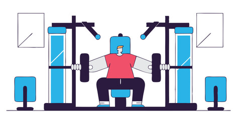 Cartoon illustration of a man doing chest press at a smith machine