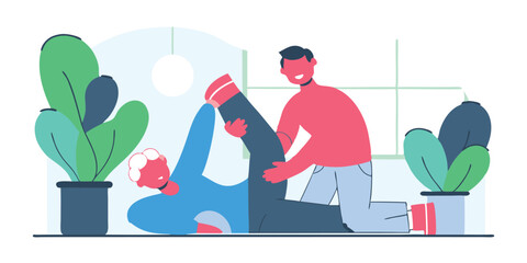 Physical therapist assisting patient with leg exercise in a bright room