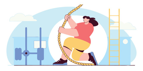 Woman climbing a rope illustration depicting strength, determination, and upward progress