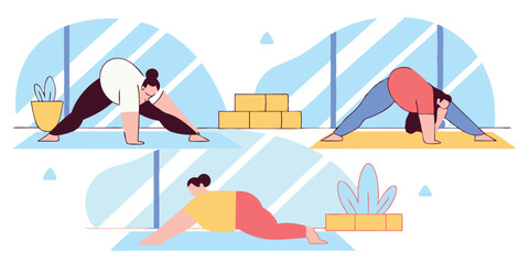 Diverse women practicing yoga poses in a studio setting, promoting wellness
