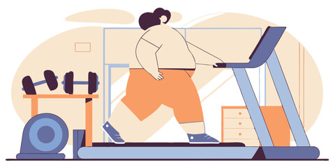 Illustration of a person using a treadmill with weights in the background