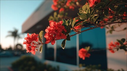Vibrant red blossoms on a branch, partially obscuring a blurred modern building at sunset; warm light illuminates the flowers against a partly-visible background