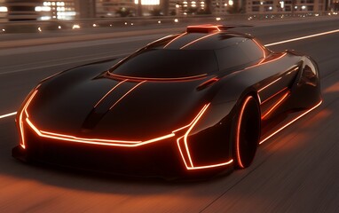 Fototapeta premium Futuristic electric sports car with neon lights on city highway at night