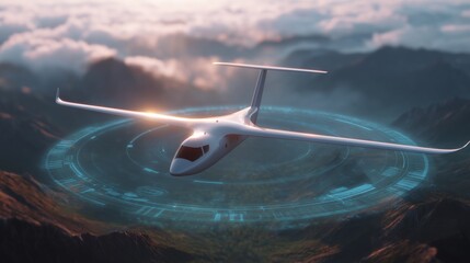 A cutting-edge cargo transport craft glides effortlessly above a mountain landscape, showcasing advanced navigation and autopilot systems. The aircraft is designed for efficient aerial logistics.