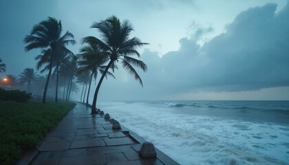Palm trees bent by strong wind, turbulent waves crash pathway along coast. Overcast dusk, ominous atmosphere, nature power. Storm weather landscape. Tropical cyclone or hurricane.