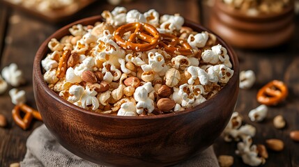 Popcorn snack mix with pretzels peanuts oat cereal