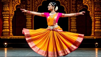 A young Indian woman performs a traditional dance in a vibrant orange and pink costume. The background features ornate architecture, enhancing the cultural theme.