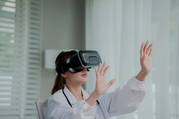 A female medical professional in a lab coat and stethoscope uses a VR headset, interacting with virtual reality in a futuristic healthcare setting.