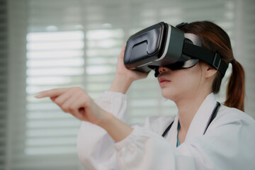 A female medical professional in a lab coat and stethoscope uses a VR headset, interacting with virtual reality in a futuristic healthcare setting.