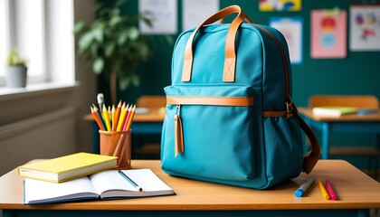 A teal backpack with brown straps sits on a wooden desk. Nearby are colored pencils, a notebook, and a potted plant. The background features a classroom setting.
