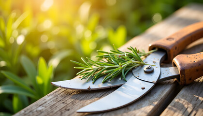 Gardening scissors with rosemary sprig on wooden table in sunlight  