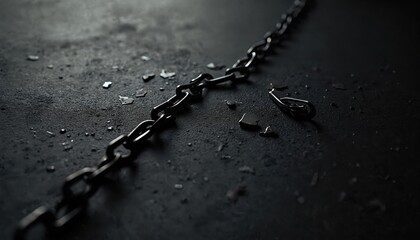 Broken chain on dark background. Concept of freedom, breaking free. Symbol of struggle against human trafficking, slavery. Justice, liberation. Powerful image representing resilience, hope.