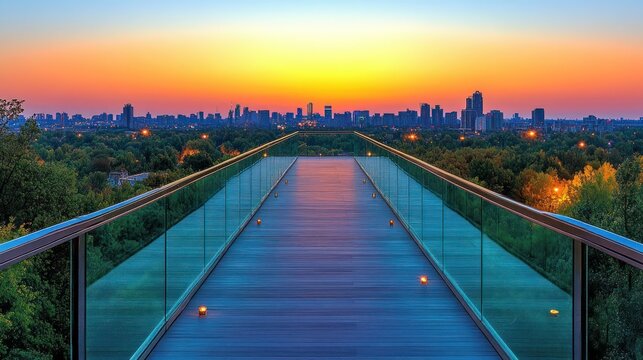 Elevated wooden walkway at sunrise, city skyline in the background