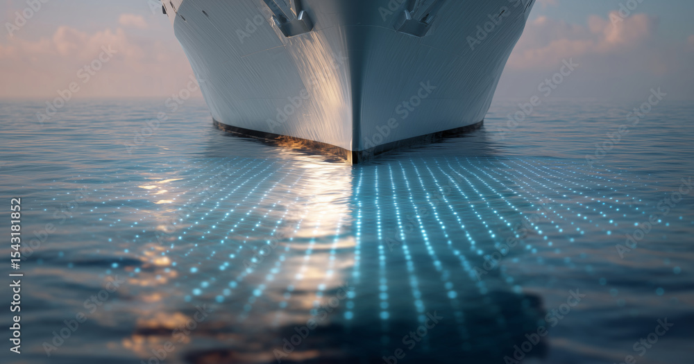 Poster A cargo ship glides over calm waters, utilizing advanced navigation and autopilot systems. The boat's bow cuts through the surface, leaving a digital pattern behind as it moves forward steadily.
