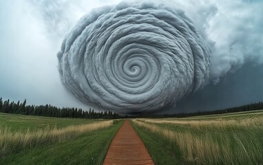 Massive spiral storm cloud looming over open field with wooden pathway and forest
