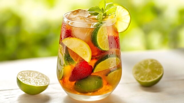 Popular english pimms cocktail drink with lime and ice