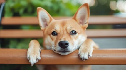 A corgi dog rests its head on a park bench, showcasing its adorable features and relaxed demeanor in a serene green park setting.