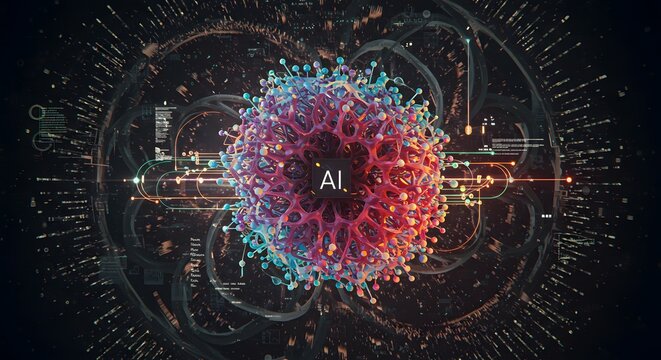 Artificial intelligence core glows with intense light surrounded by a swirling digital network of complex data particles.