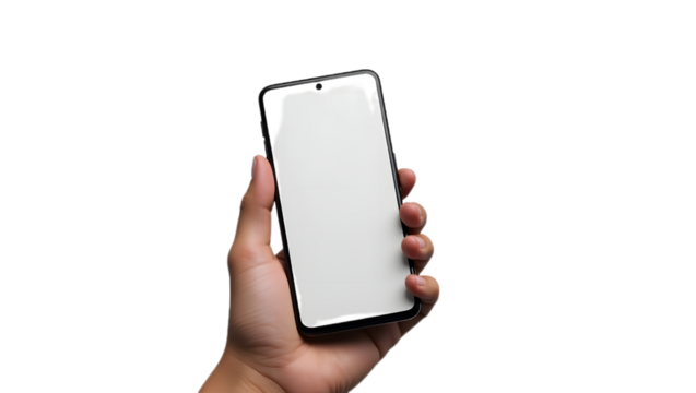 hand holding a modern smartphone, isolated on transparent background—ideal for tech, communication, and mobile app designs.
