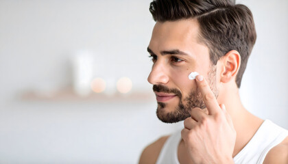 Smiling Man with Facial Hair Applying Cream to Face in White Tank Top
