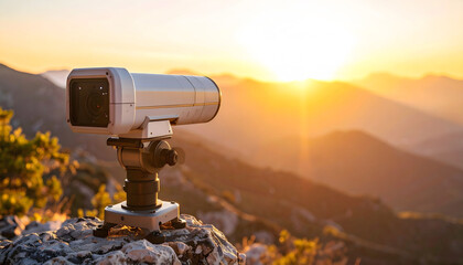 Camera on Tripod Capturing Majestic Mountains at Golden Hour Sunrise