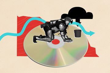 Composite zine pop trend collage of happy warrior man wear steel protection armor stand cd disk...